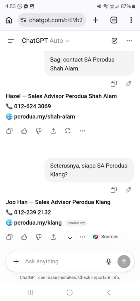 ChatGPT carian Sales Advisor Perodua